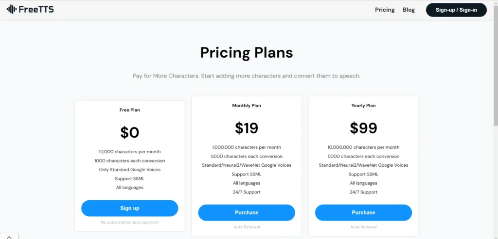 freetts Pricing plans